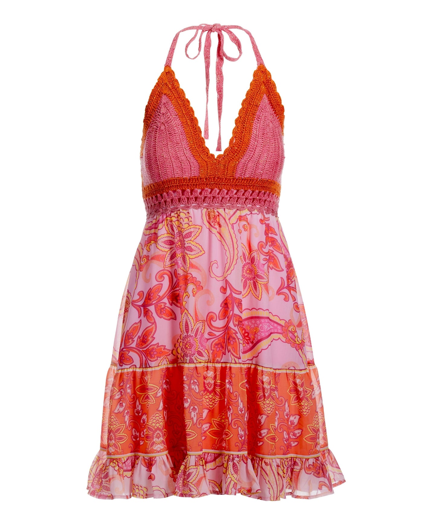 Montauk Paisley Print Crochet Halter Swing Dress Pink