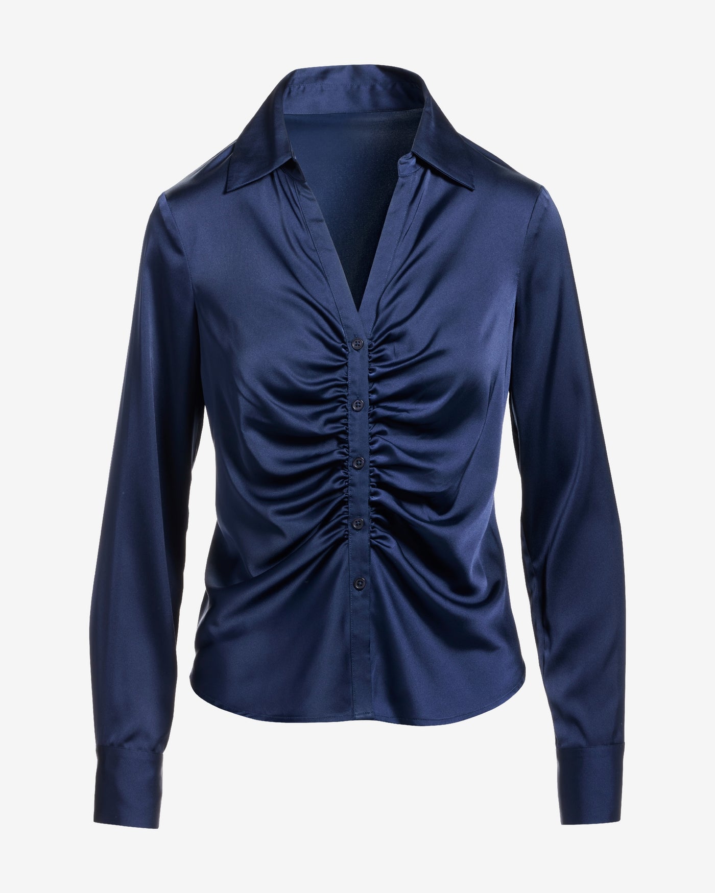 Jessie Charmeuse Ruched Center Front Button Up Shirt Navy