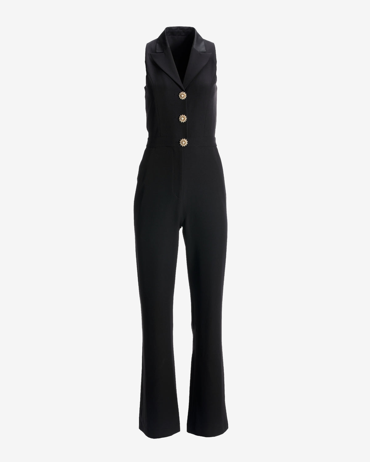 Tuxedo Style Crystal Button Stretch Crepe Jumpsuit Black