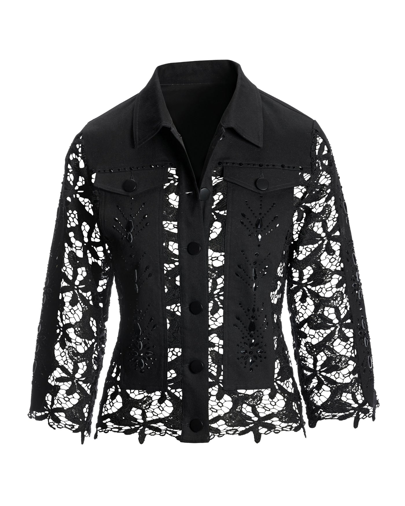 Embellished Lace Three-Quarter Sleeve Denim Jacket Black