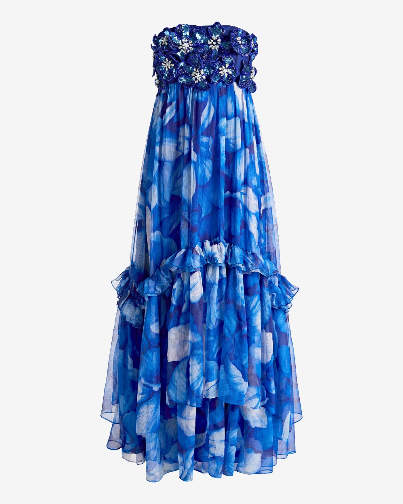 Embellished Floral Applique Strapless Flowy Maxi Dress Blue Iris Floral