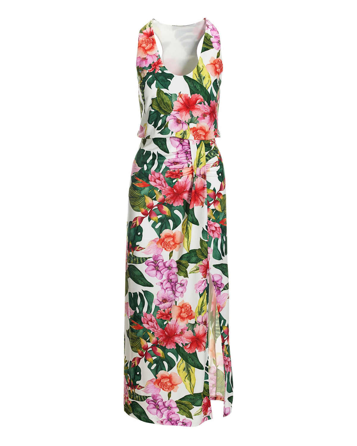 Tropical Oasis Print Blouson Slit Ankle-Length Dress Pink/Green