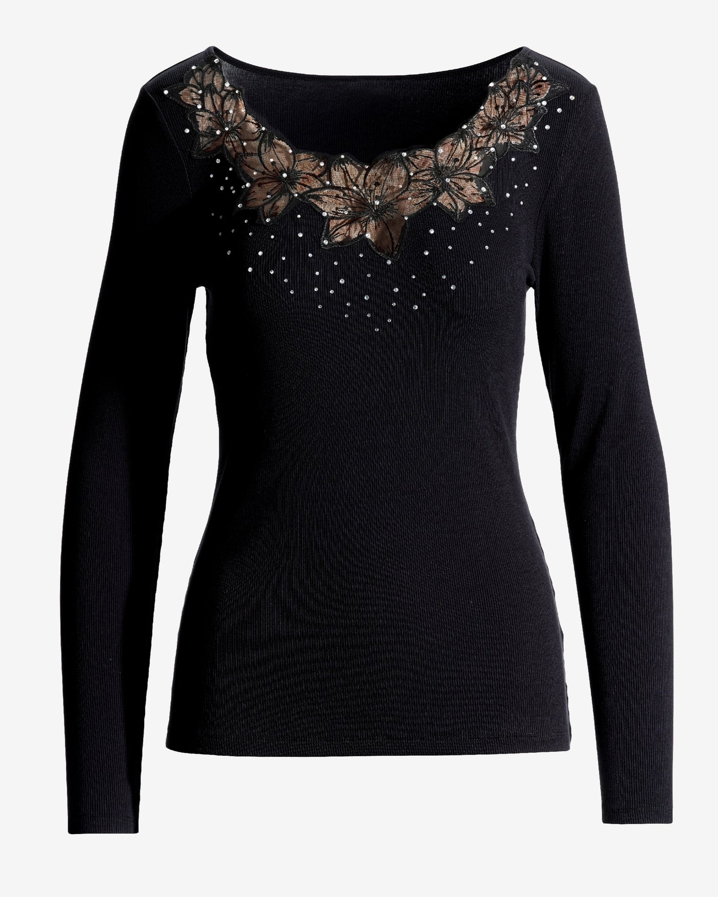 So Essential Mesh Floral Long Sleeve Ribbed Top Black