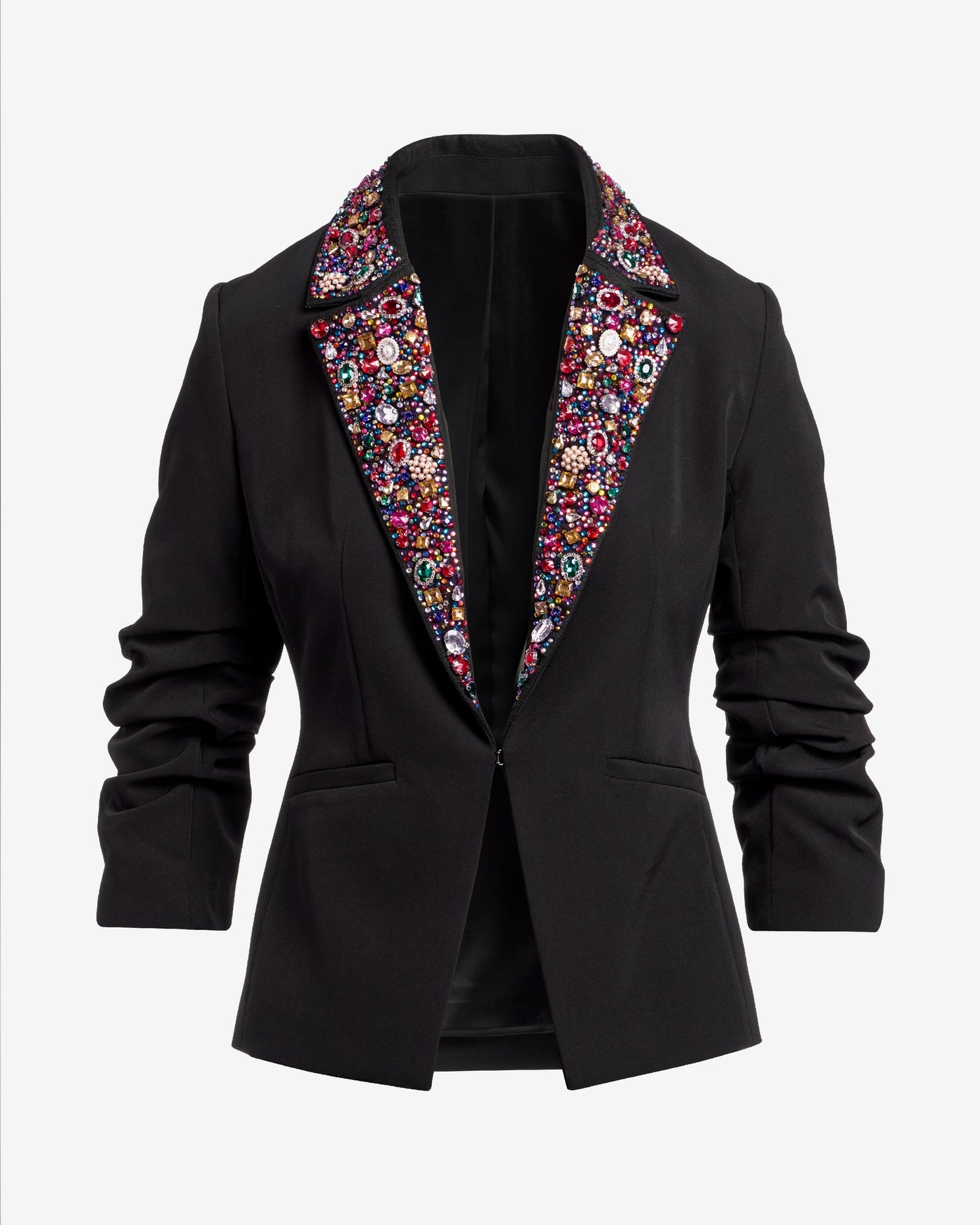 Multicolor Gem Embellished Ruched Sleeve Blazer Black