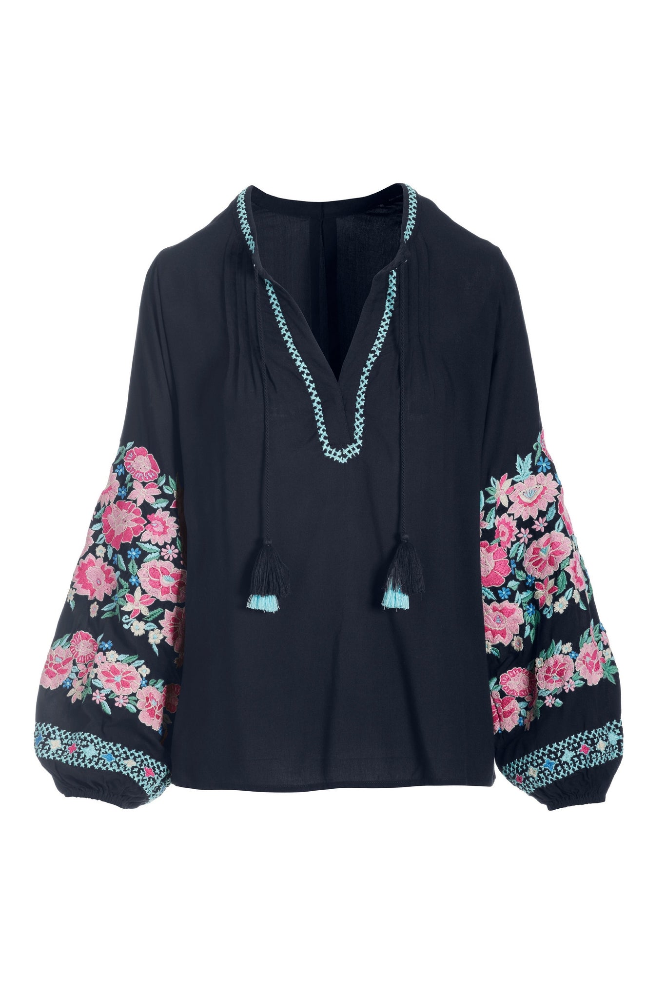Embroidered Balloon Sleeve V Neck Blouse Black Multi