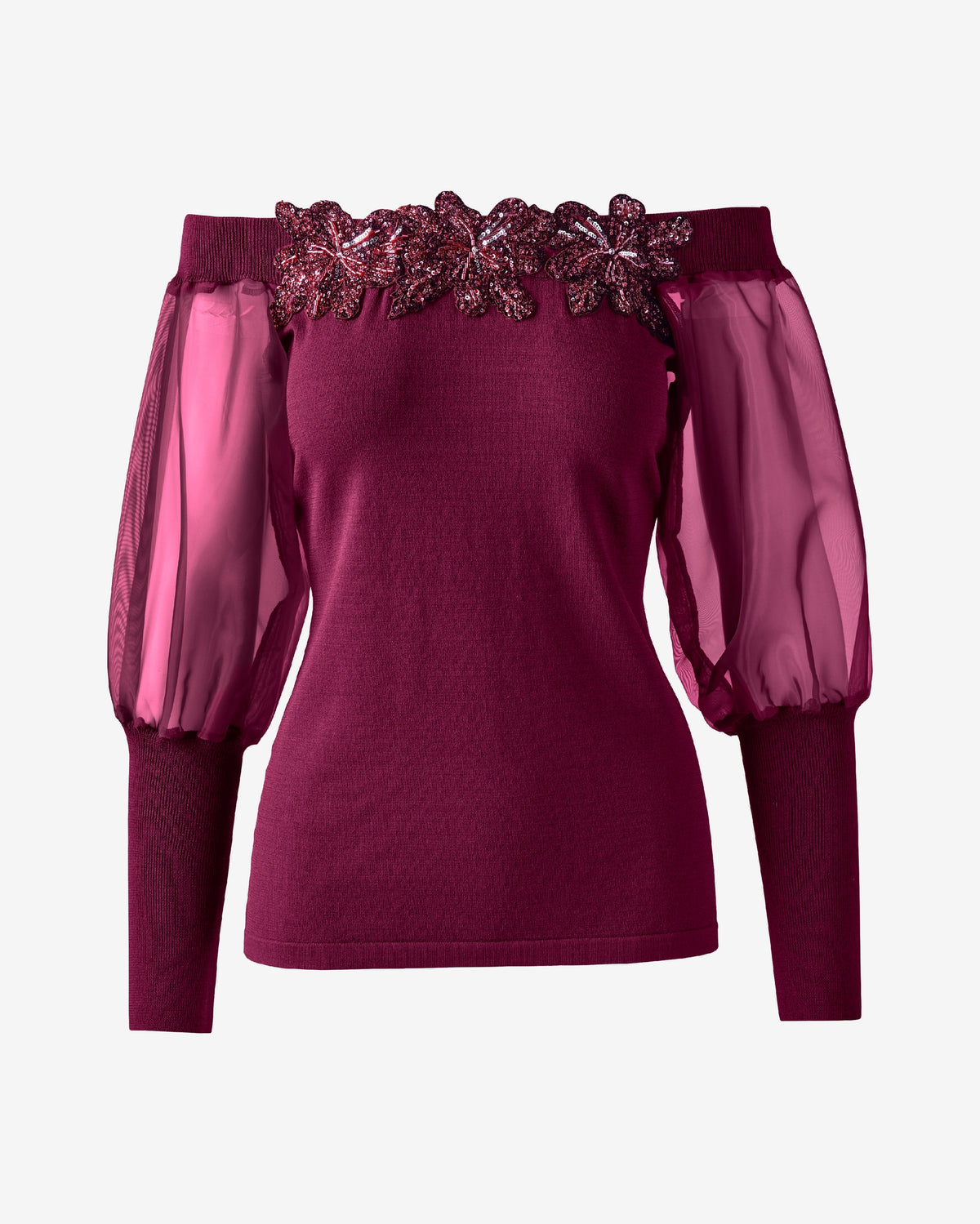 Mixed Media Sweater Top with 3D Flowers Oxblood