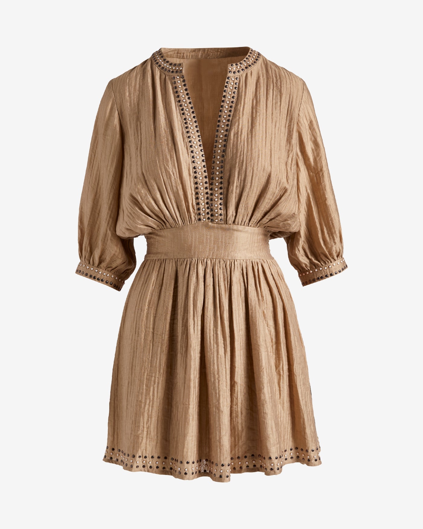V-Neck Studded Puff Sleeve Dress Cappuccino
