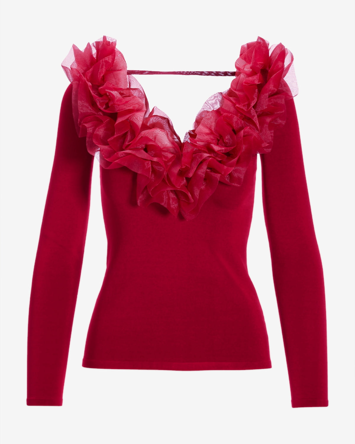 Organza Ruffle V Neck Sweater Jester Red