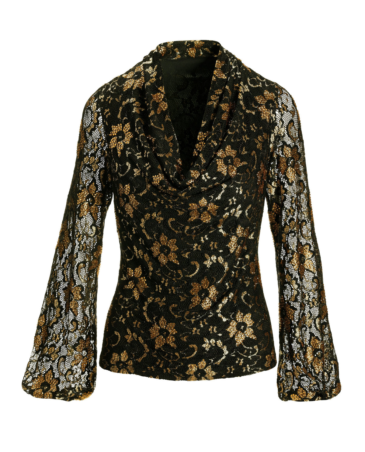Embellished Cowl Neck Lace Top Black/Gold