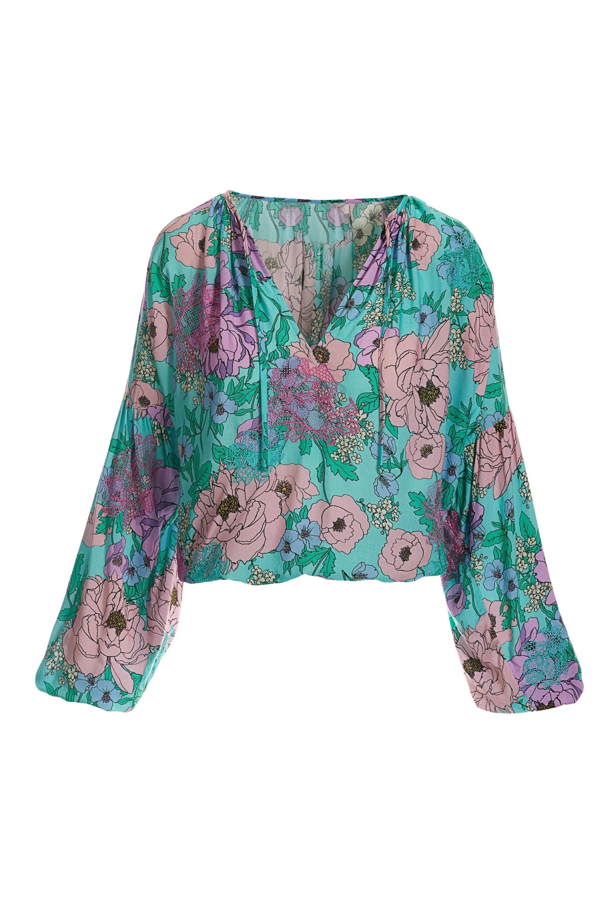 Peony Garden Print Embroidered Peasant Blouse Multi