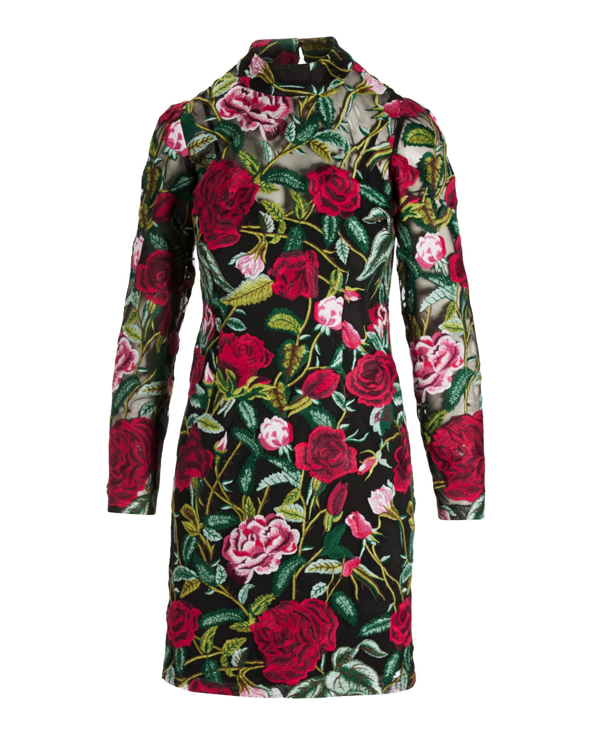 Festive Rose Embroidered Lace Long Sleeve Sheath Dress Red Multi