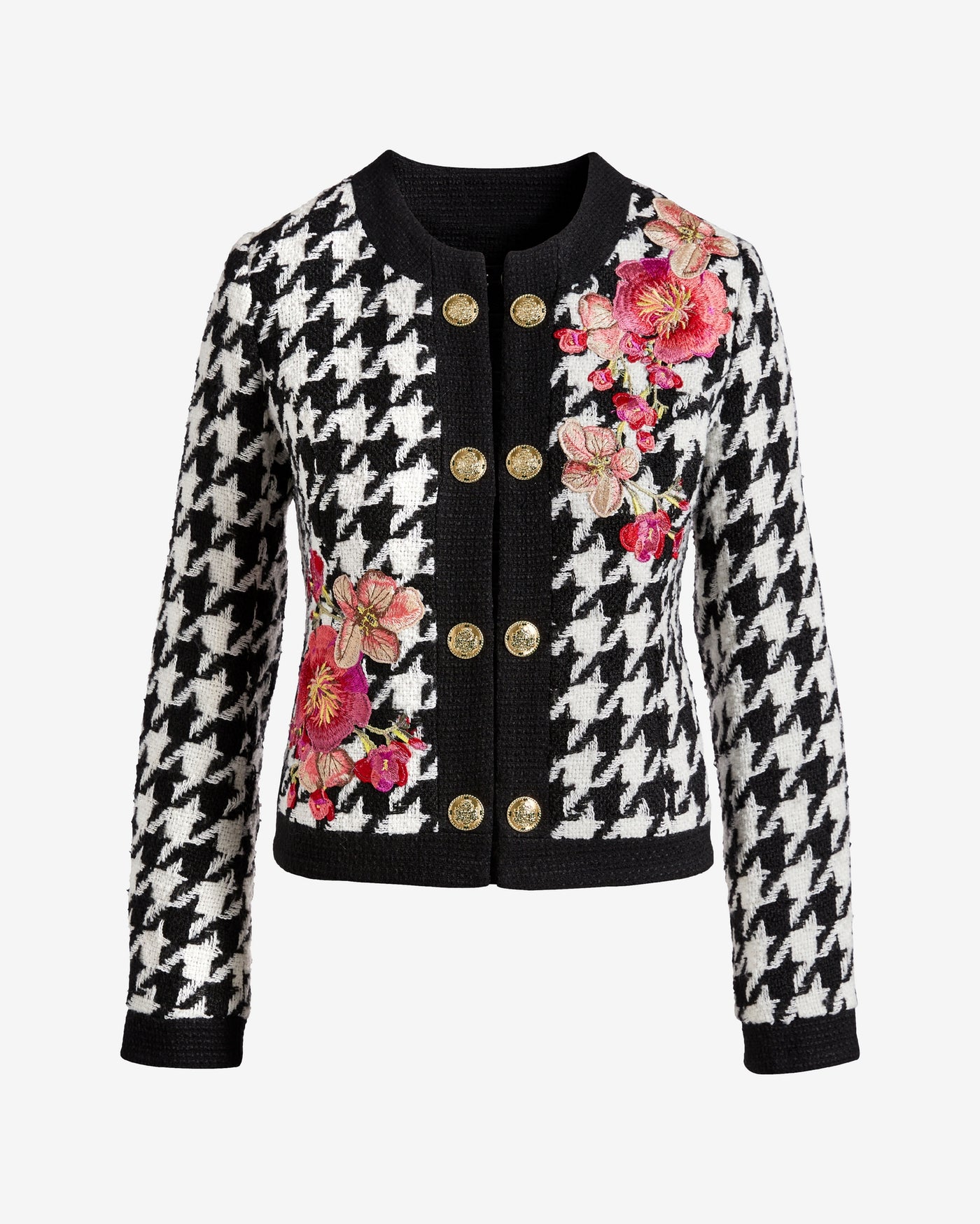 Houndstooth Tweed Jacket with Floral Embroidery Black/White