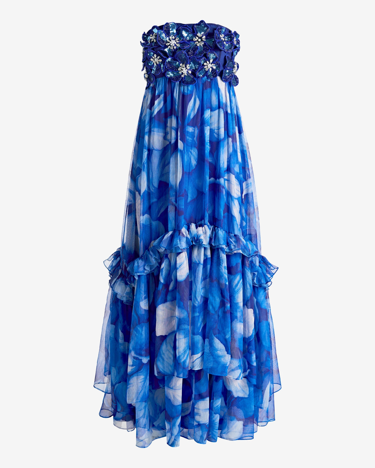 Embellished Floral Applique Strapless Flowy Maxi Dress Blue Iris Floral