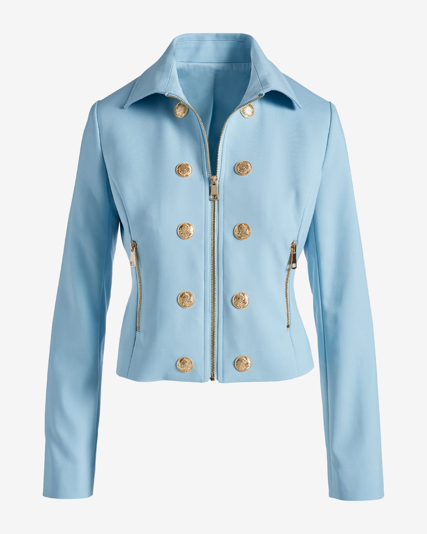 Modern Zip Front Crest Button Jacket Blue Cloud
