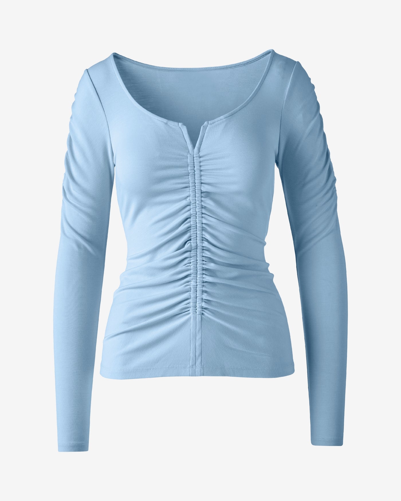 Notched Ruched V Neck Long Sleeve Blue Bell