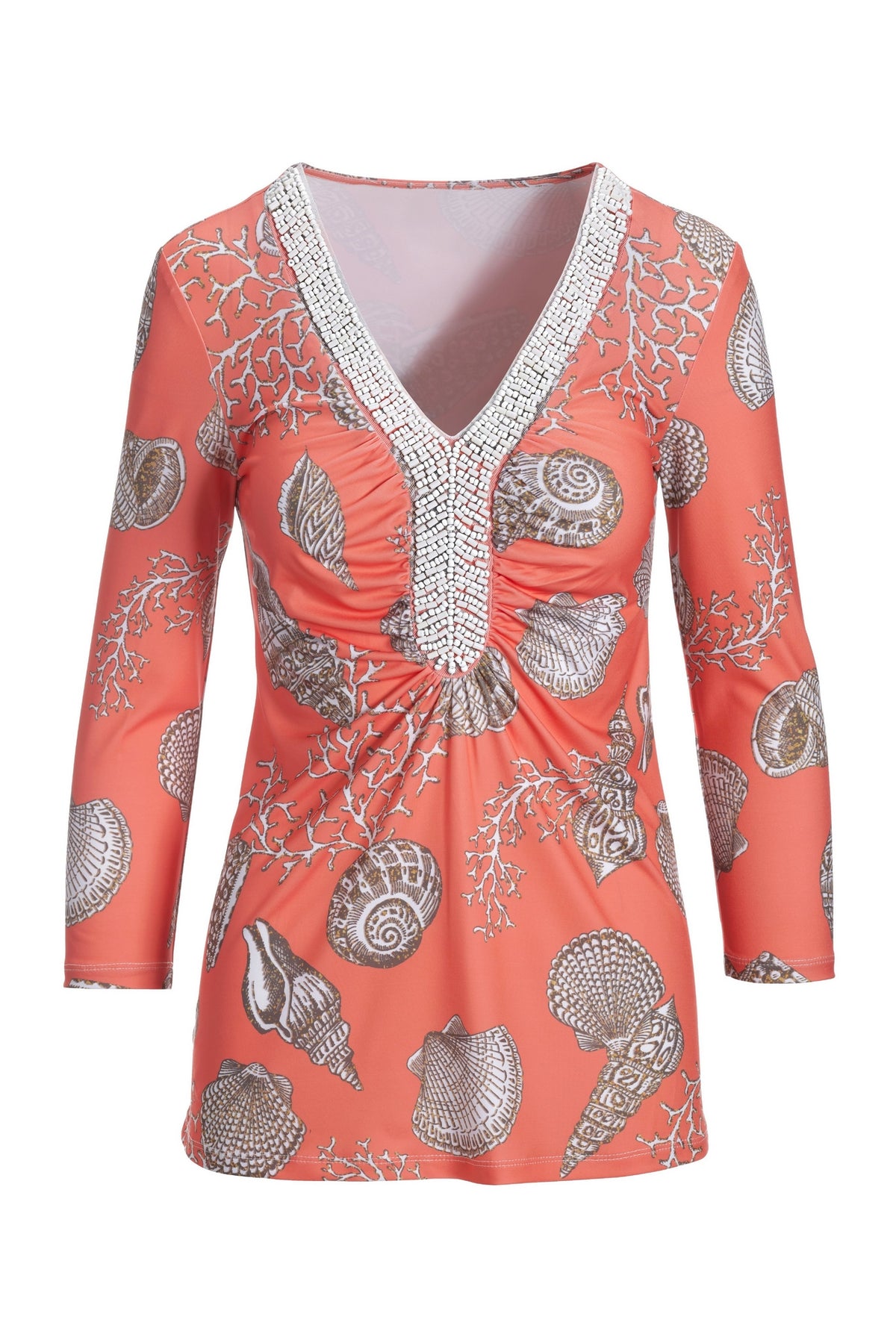 Beach Shells Embellished Knit Top Coral