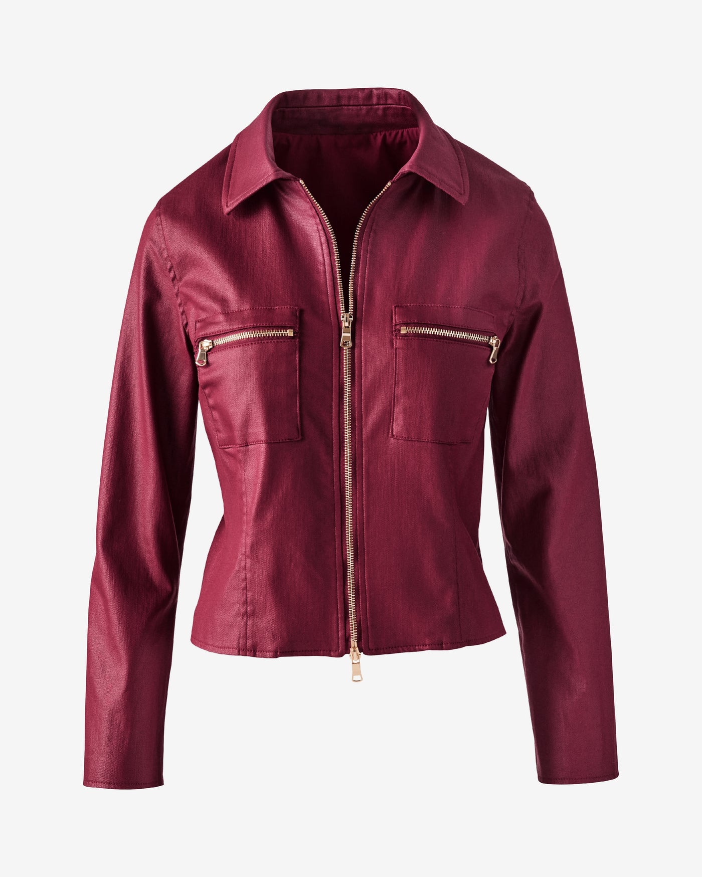 Cropped Zip Front Coated Denim Jacket Bordeaux