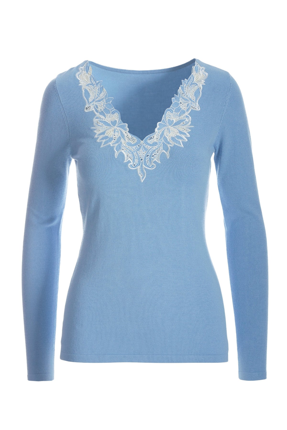 Lace V Neck Fine Gauge Sweater Airy Blue