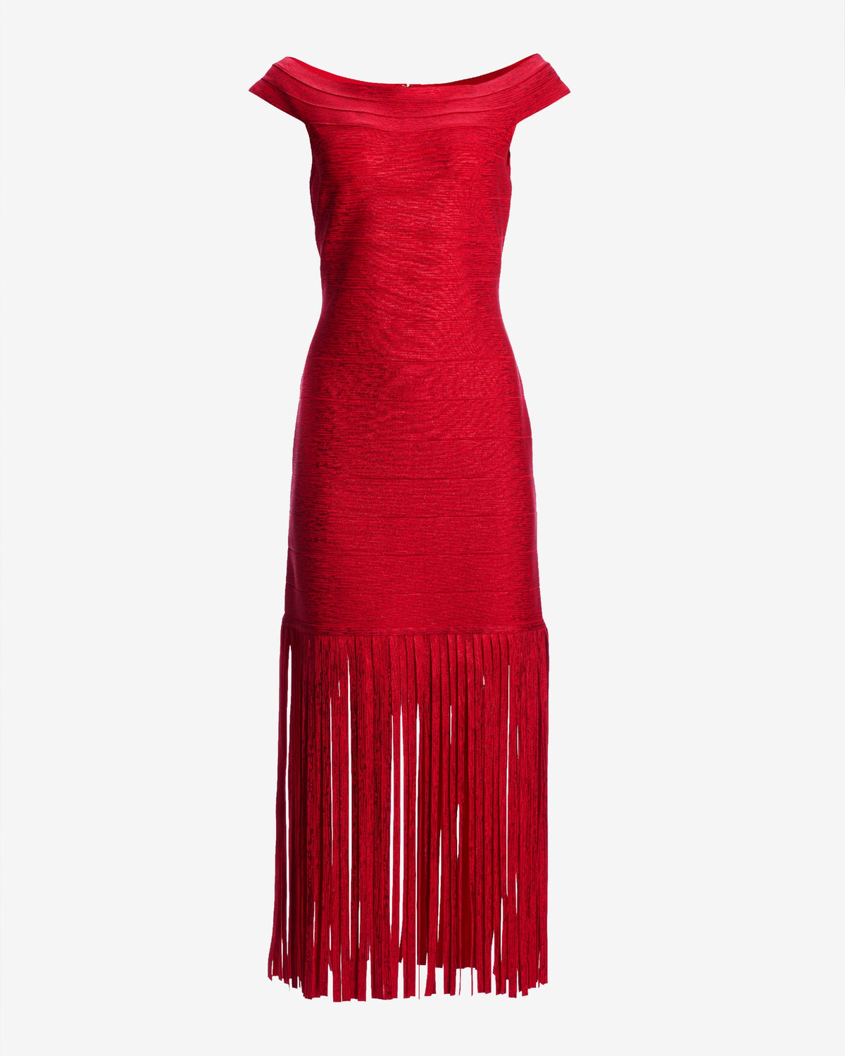Fringe Trim Metallic Bandage Dress Racing Red