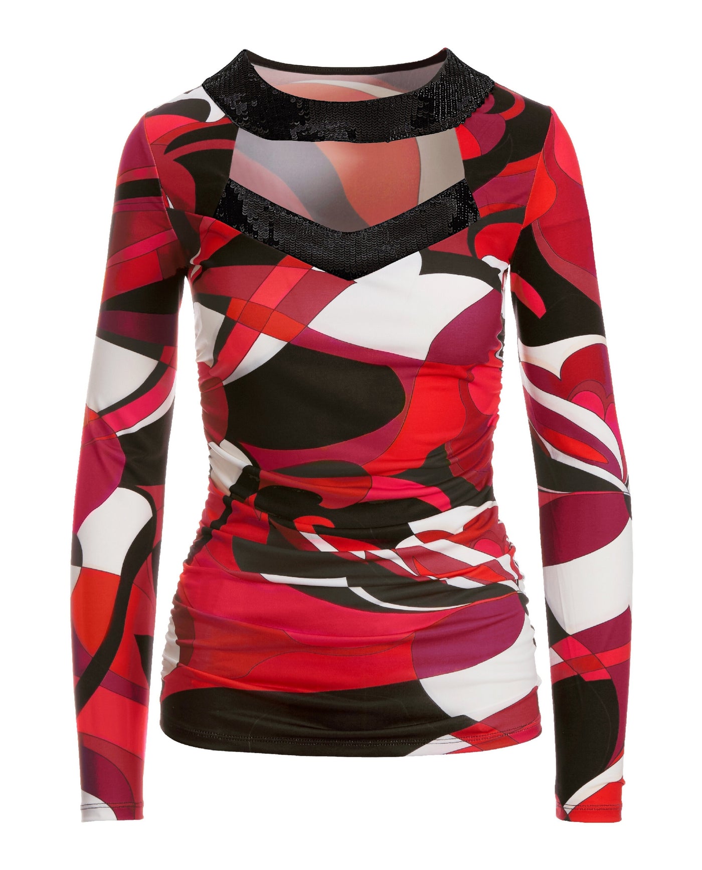 Printed Sequin Cutout Knit Top Black Multi
