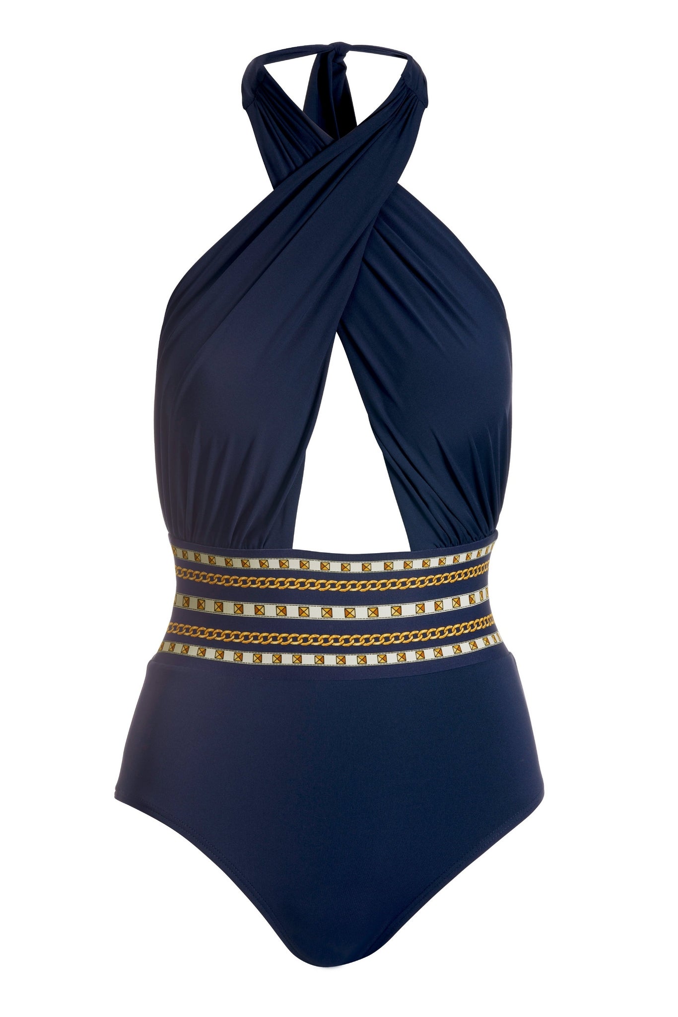Cross Front Halter One Piece Swimsuit Navy