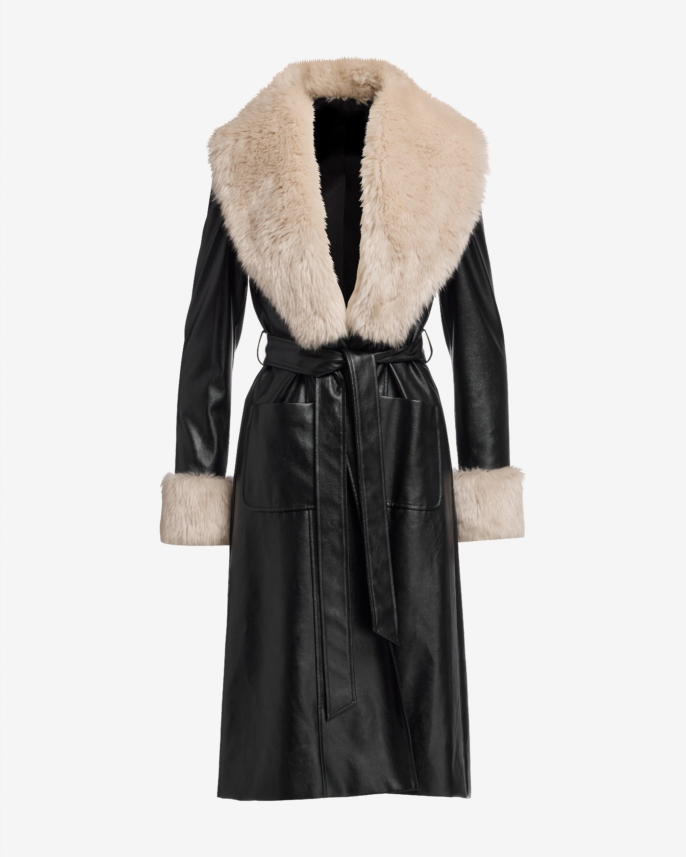 Two Tone Faux Leather Trench Coat Black
