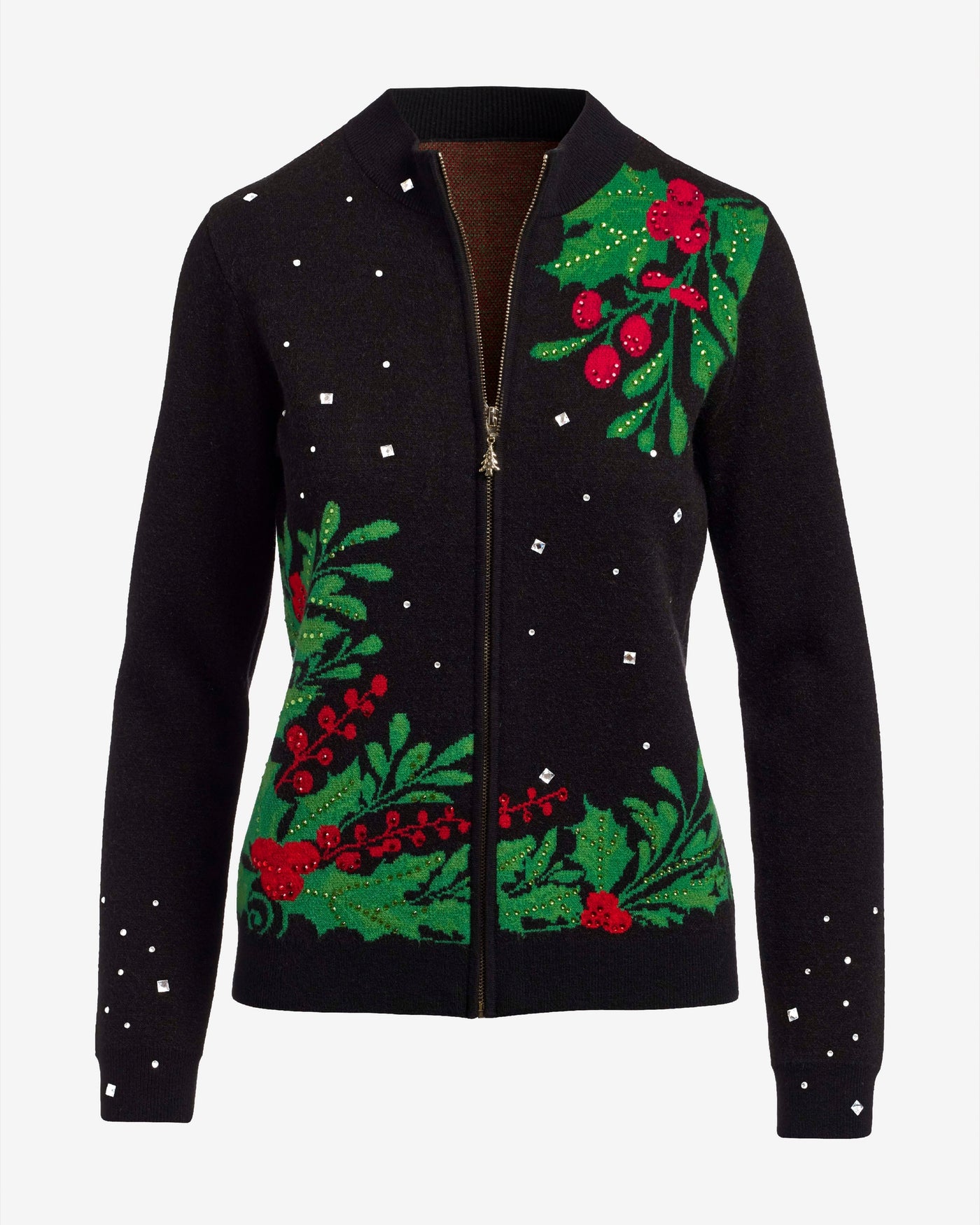 Embellished Mistletoe Zip Up Cardigan Black Multi