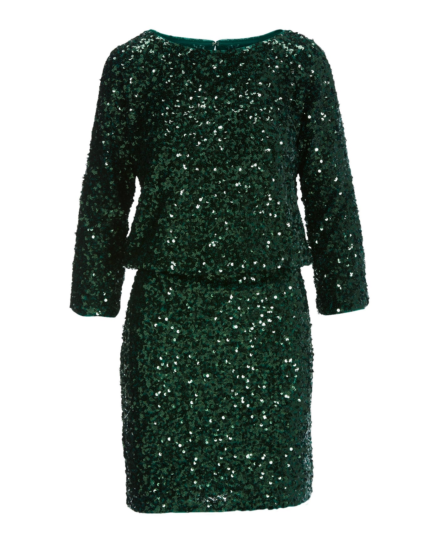 Sequin Blouson Three Quarter Sleeve Dress Green