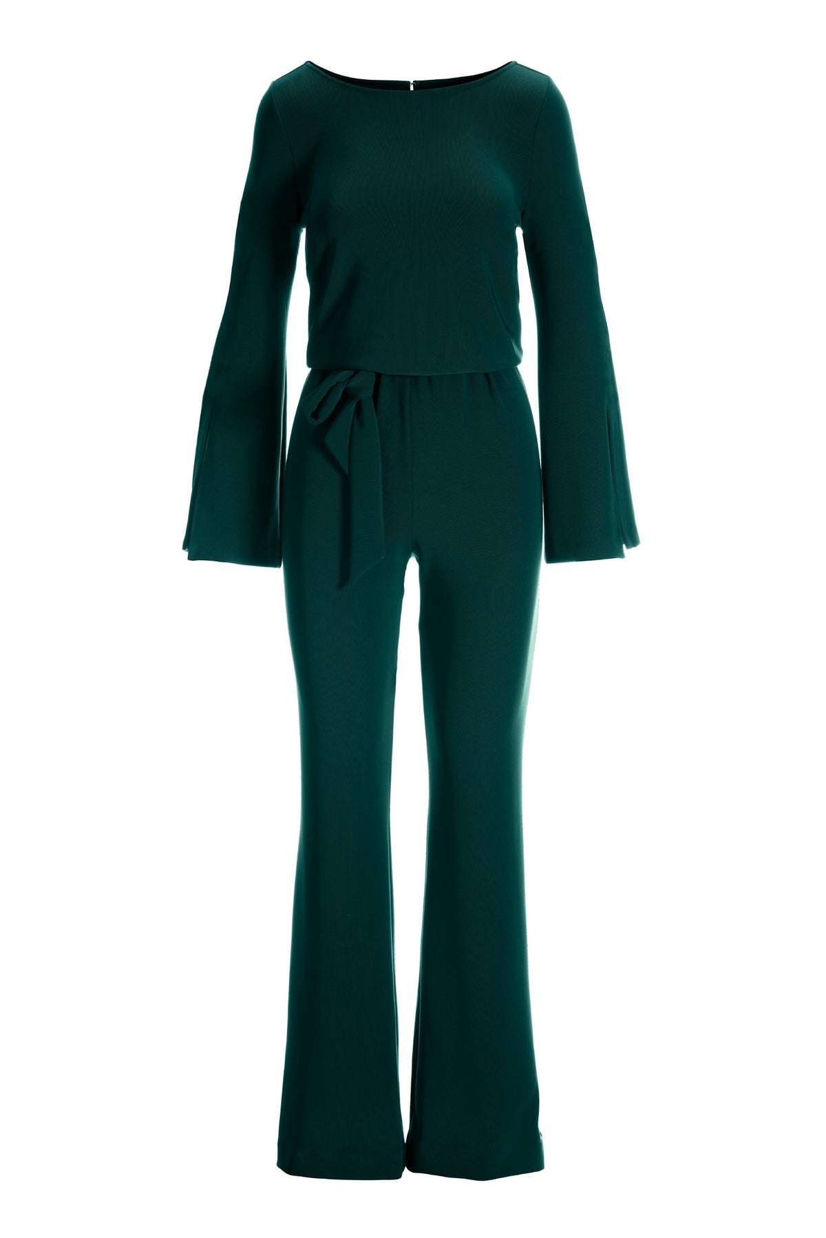 Beyond Travel Long Sleeve Tie Waist Jumpsuit Deep Emerald
