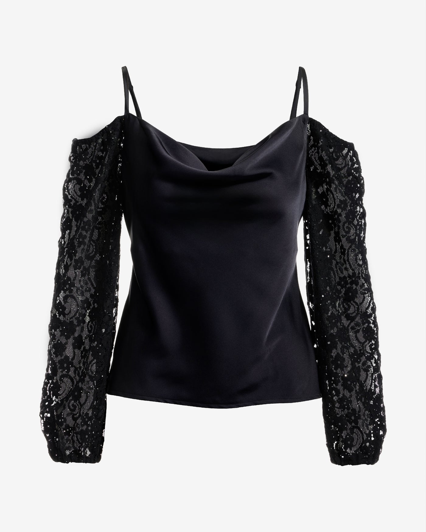 Cold Shoulder Lace Balloon Sleeve Black