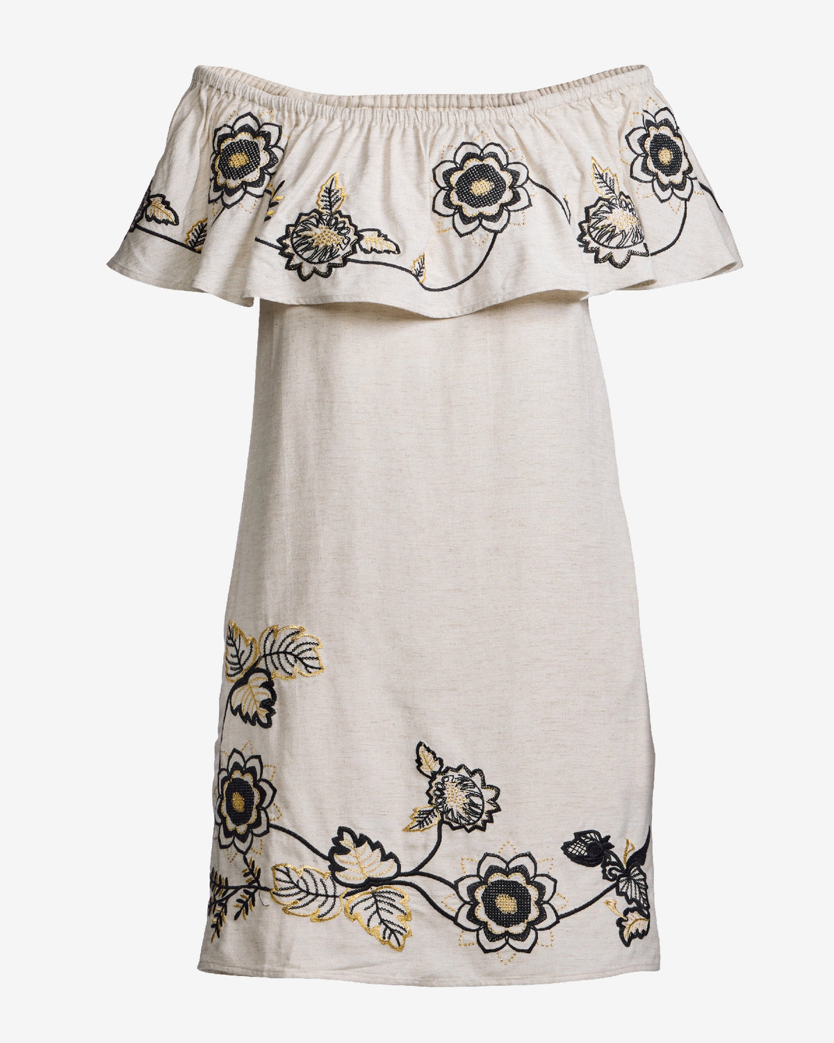 Linen Embroidered Off The Shoulder Shift Dress Flax
