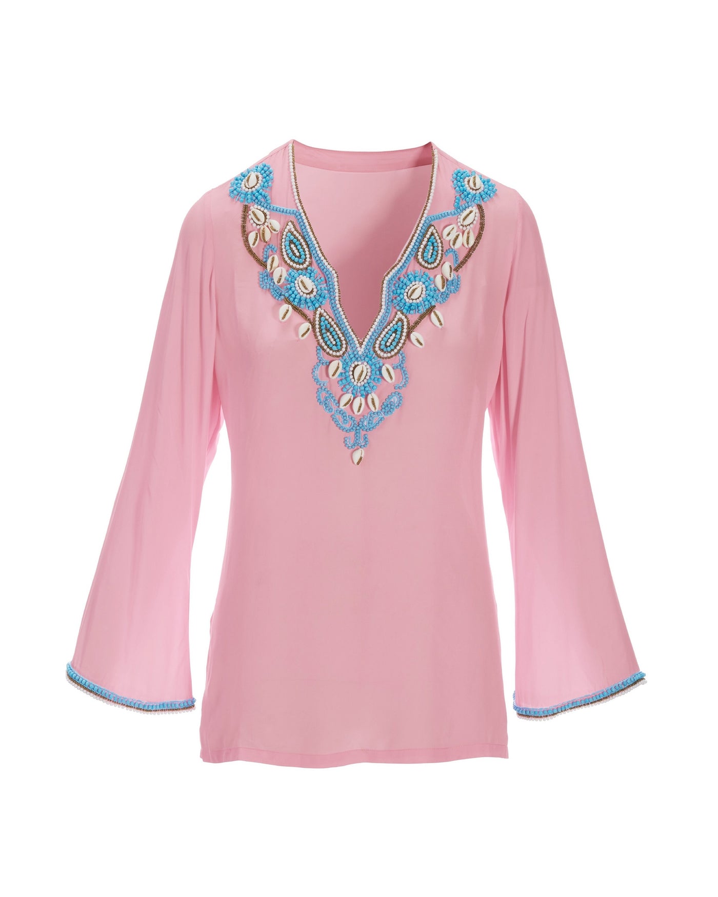 Shell Embellished V-Neck Tunic Top Almond Blossom