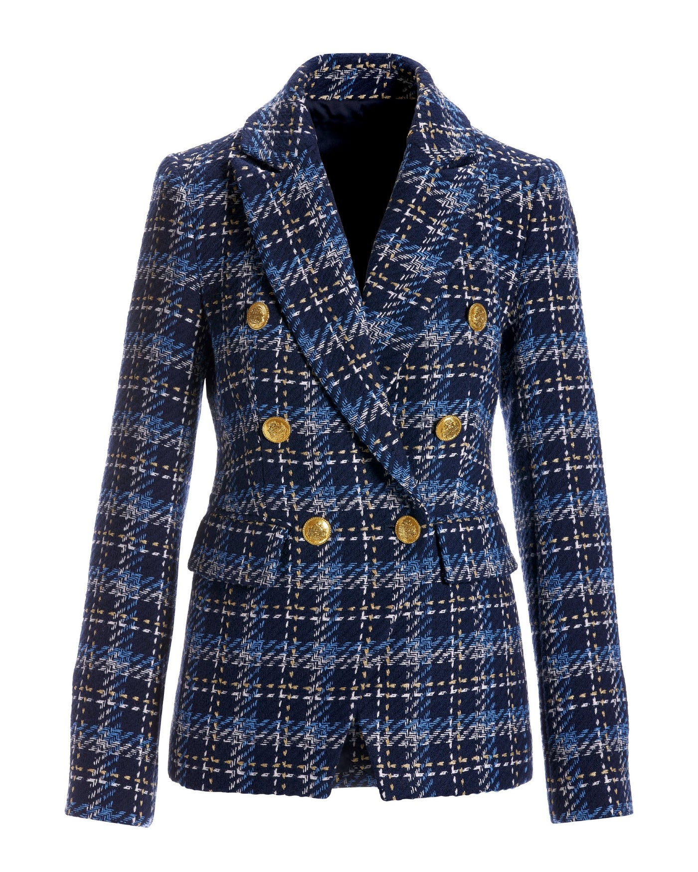 Plaid Tweed Double Breasted Blazer Blue Multi