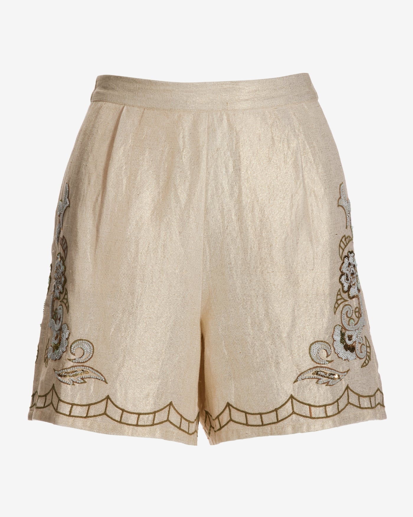 Gold Shimmer Beaded and Embroidered Trouser Short Tan/White