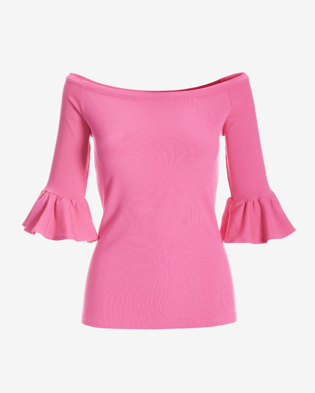 So Essential Rib Boatneck Flare Sleeve Top Shocking Pink