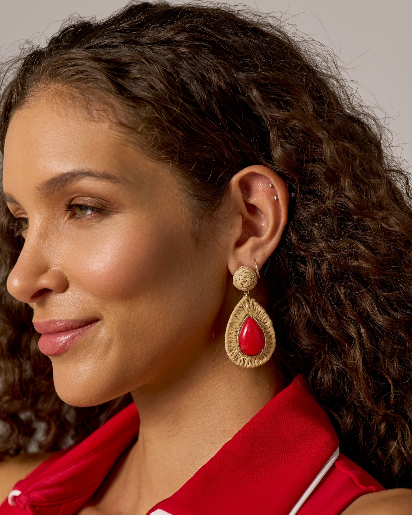 Raffia and Coral Stone Drop Earring Natural/Coral