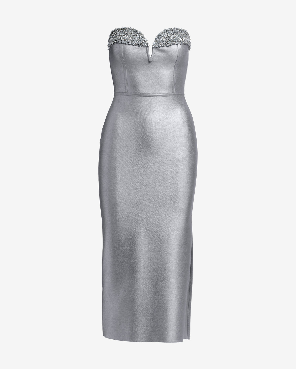 Crystal Embellished Metallic Bandage Midi Dress Silver