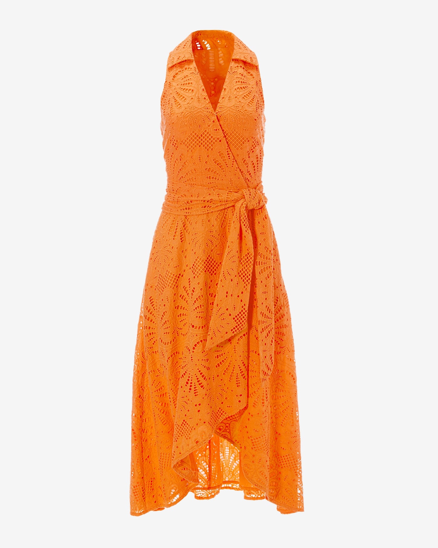 Eyelet Fit and Flare Faux Wrap Midi Dress Nectarine