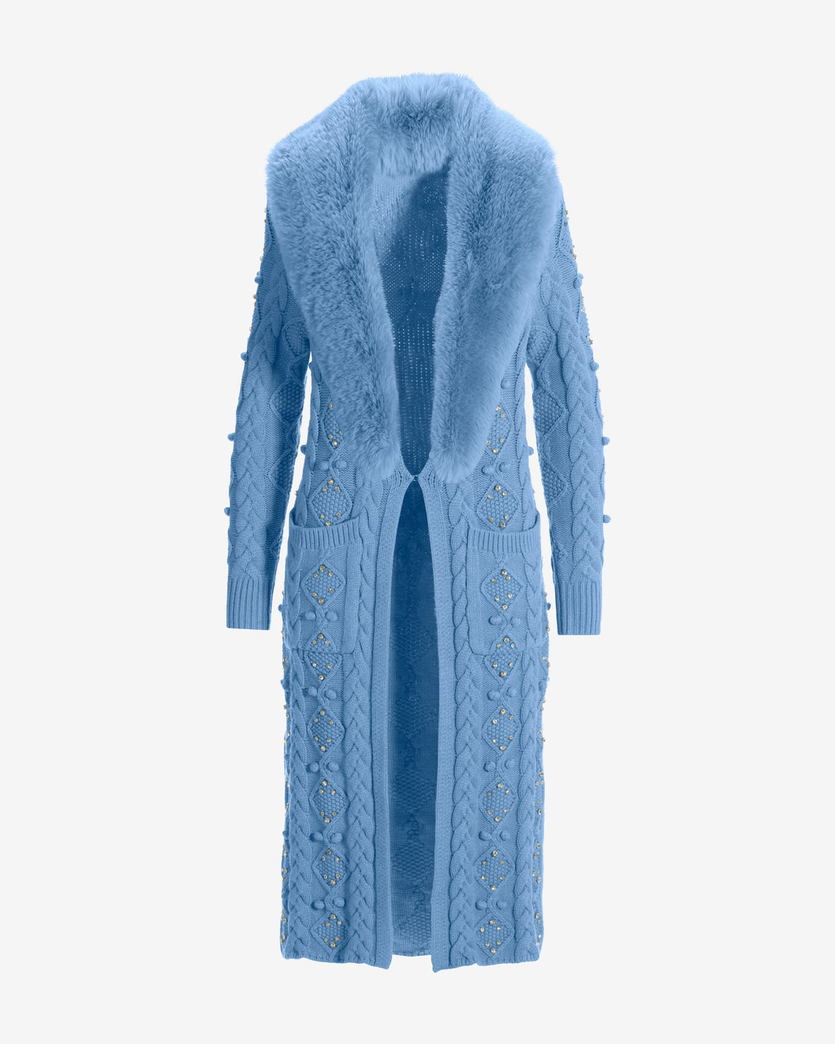 Faux Fur Embellished Cable Duster Airy Blue