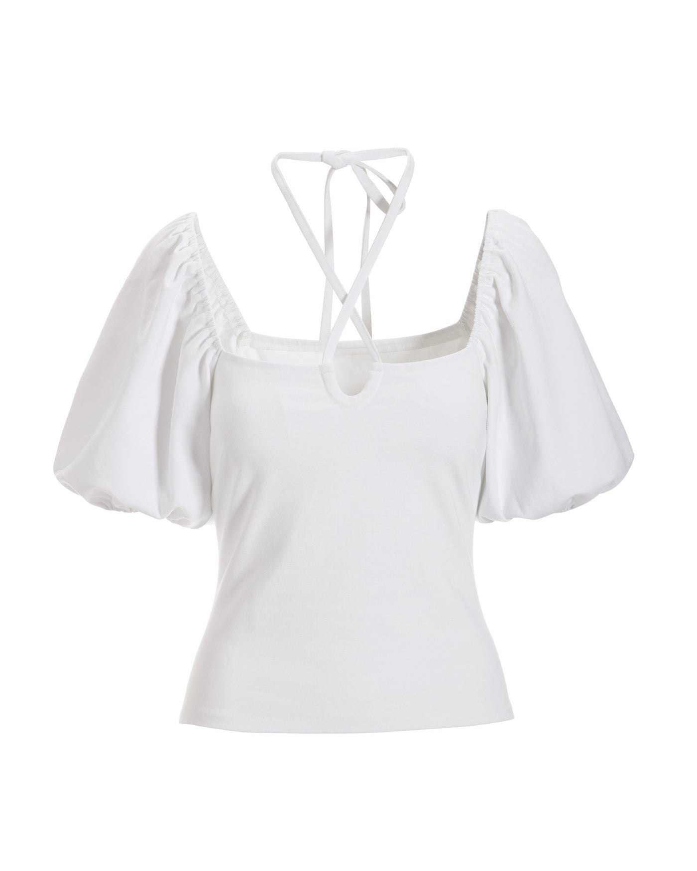 Strappy Keyhole Puff-Sleeve Knit Top White