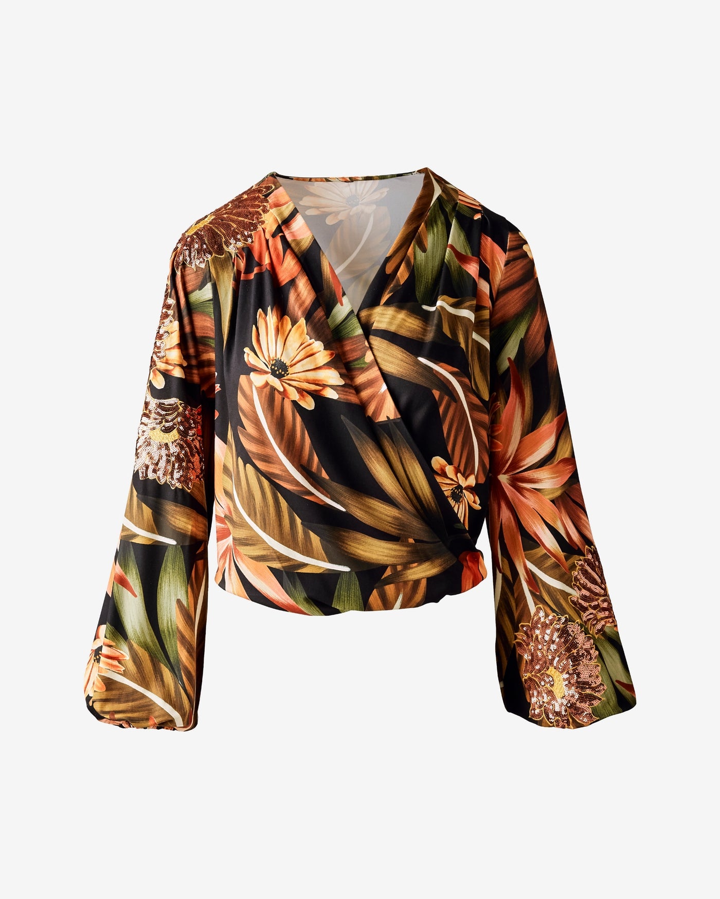 Printed Surplice with Floral Sequin Embroidery Exotic Paradise