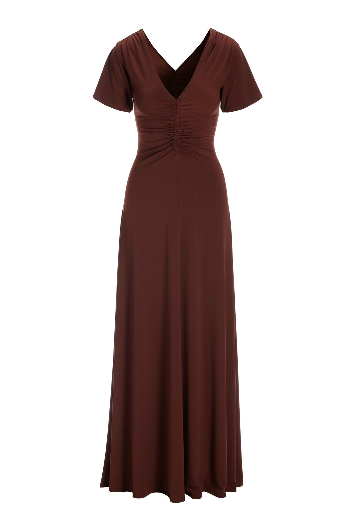 Ruched Detail V Neck Knit Maxi Dress Bitter Chocolate