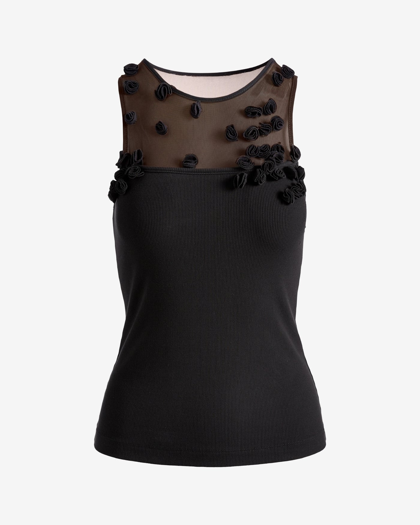 Floral Appliqué Mesh Knit Top Black