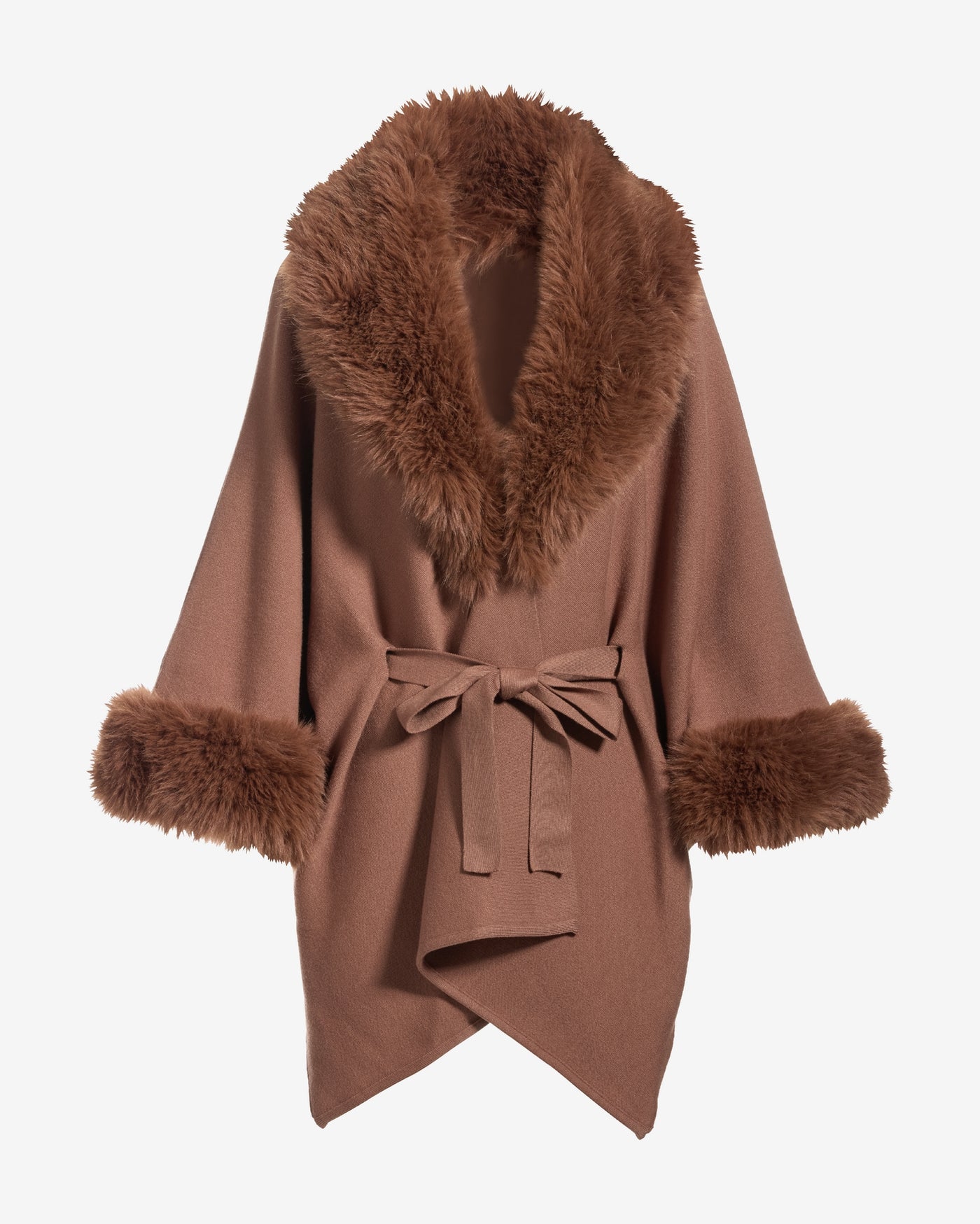 Faux Fur Tie Waist Poncho Toffee