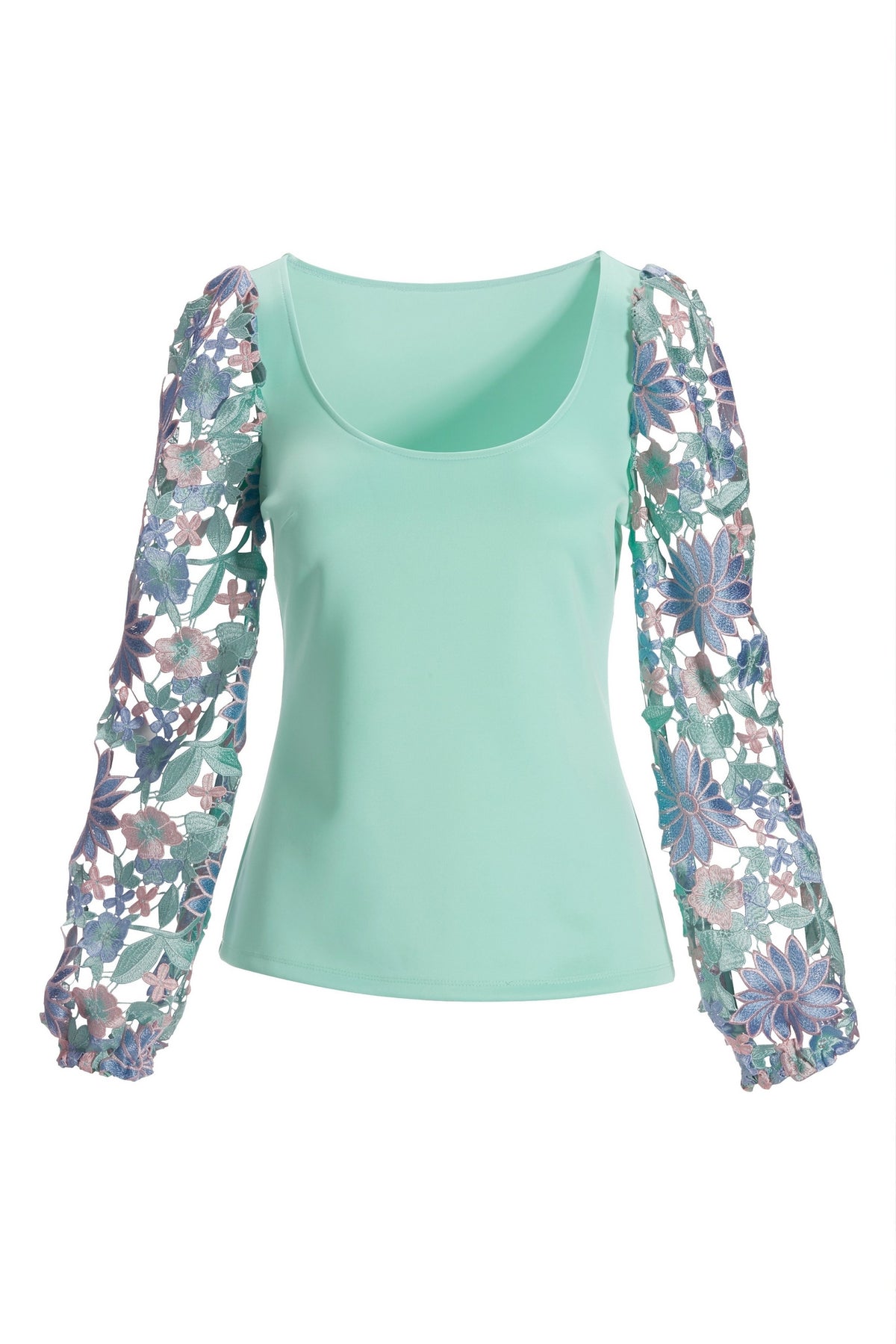 Lace Sleeve Scoop Neck Ponte Knit Top Mint Multi