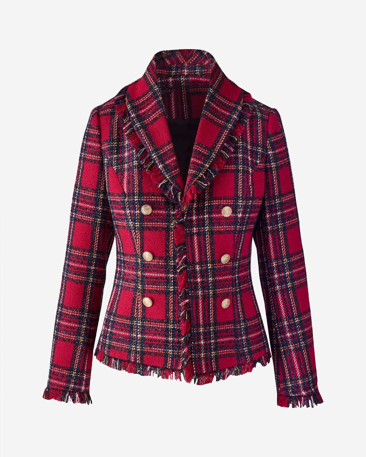 Holiday Plaid Shawl Collared Jacket with Fringe Trim Red Multi