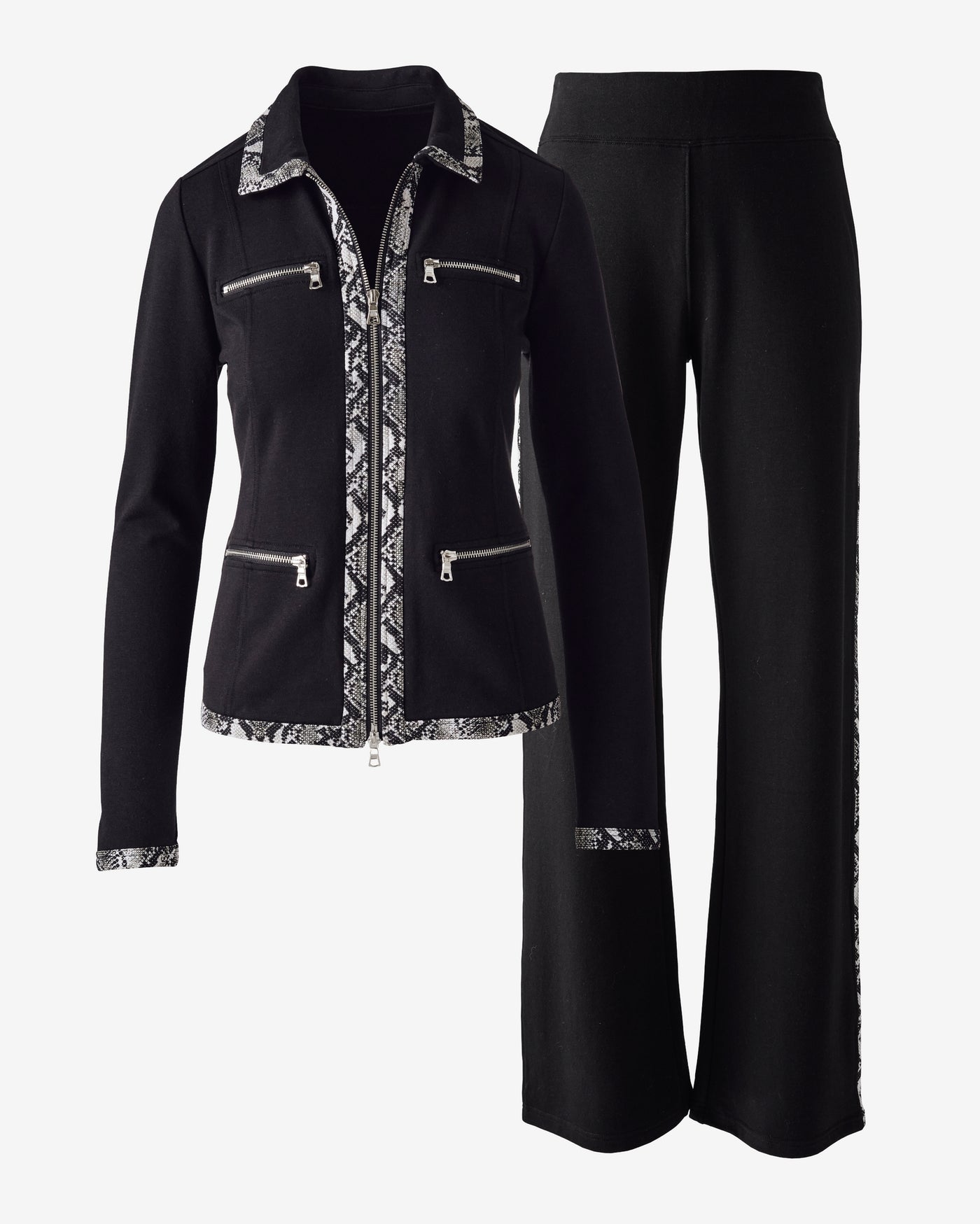 Chic Zippered Sport Coordinate Set with Printed Trim Black