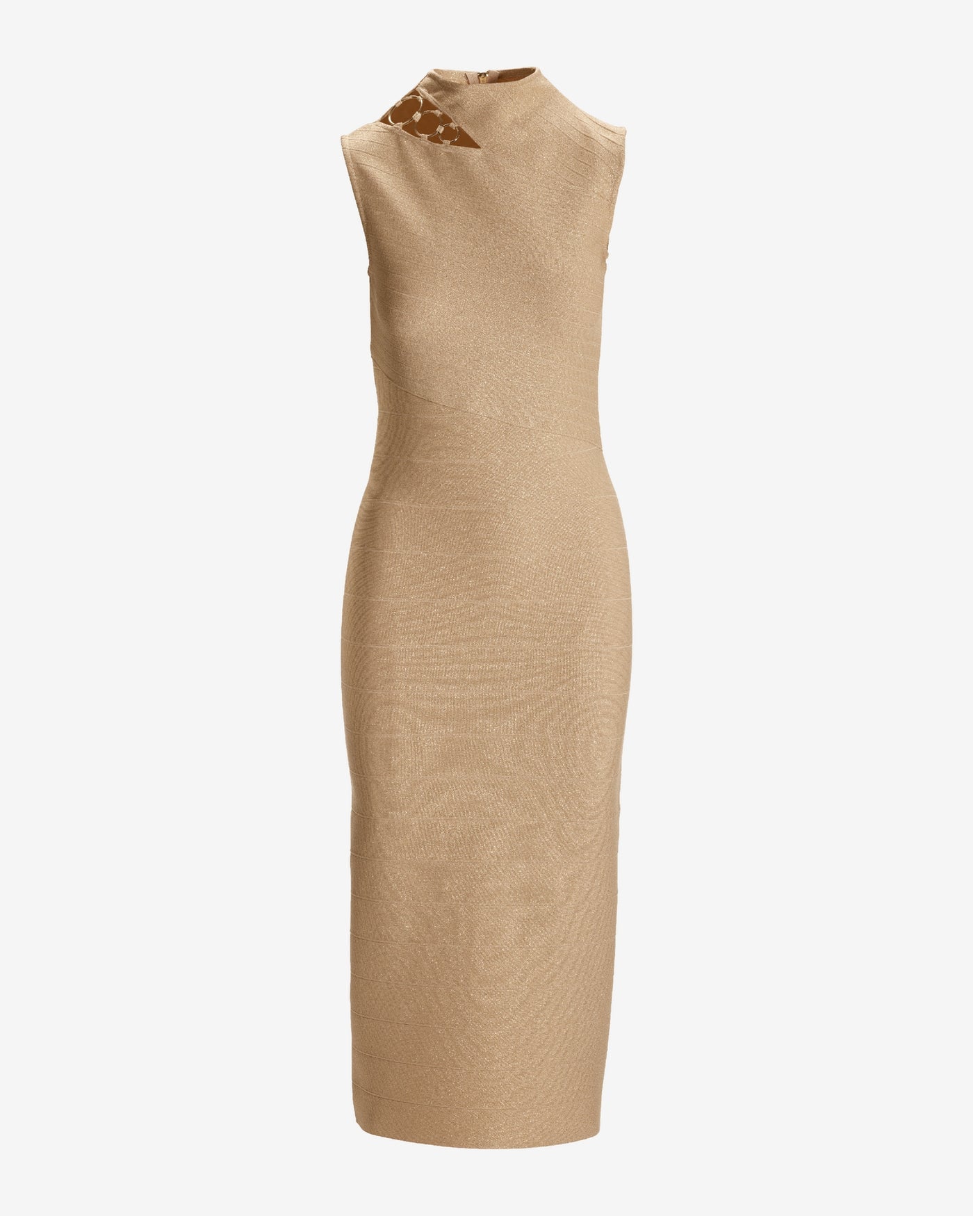 Ring Detail Metallic Bandage Sheath Midi Dress Gold
