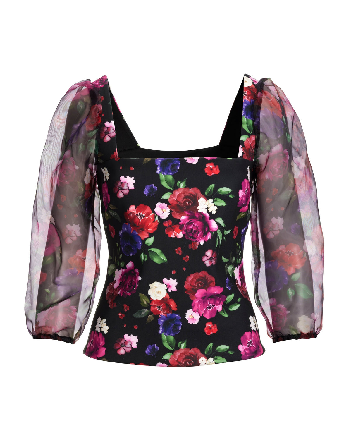 Floral Scuba and Organza Sleeve Top Multi