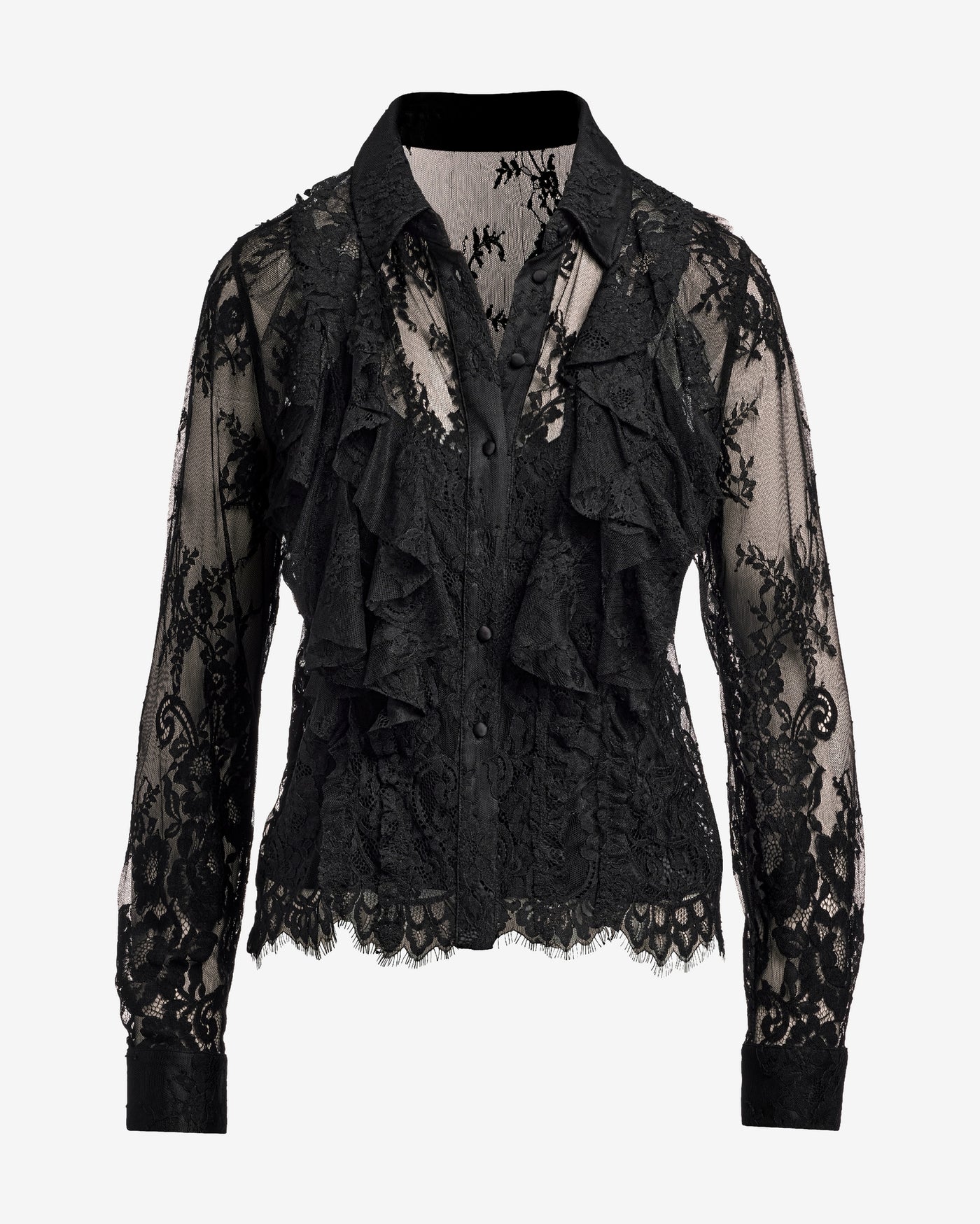 Ruffle Lace Button Up Shirt Black
